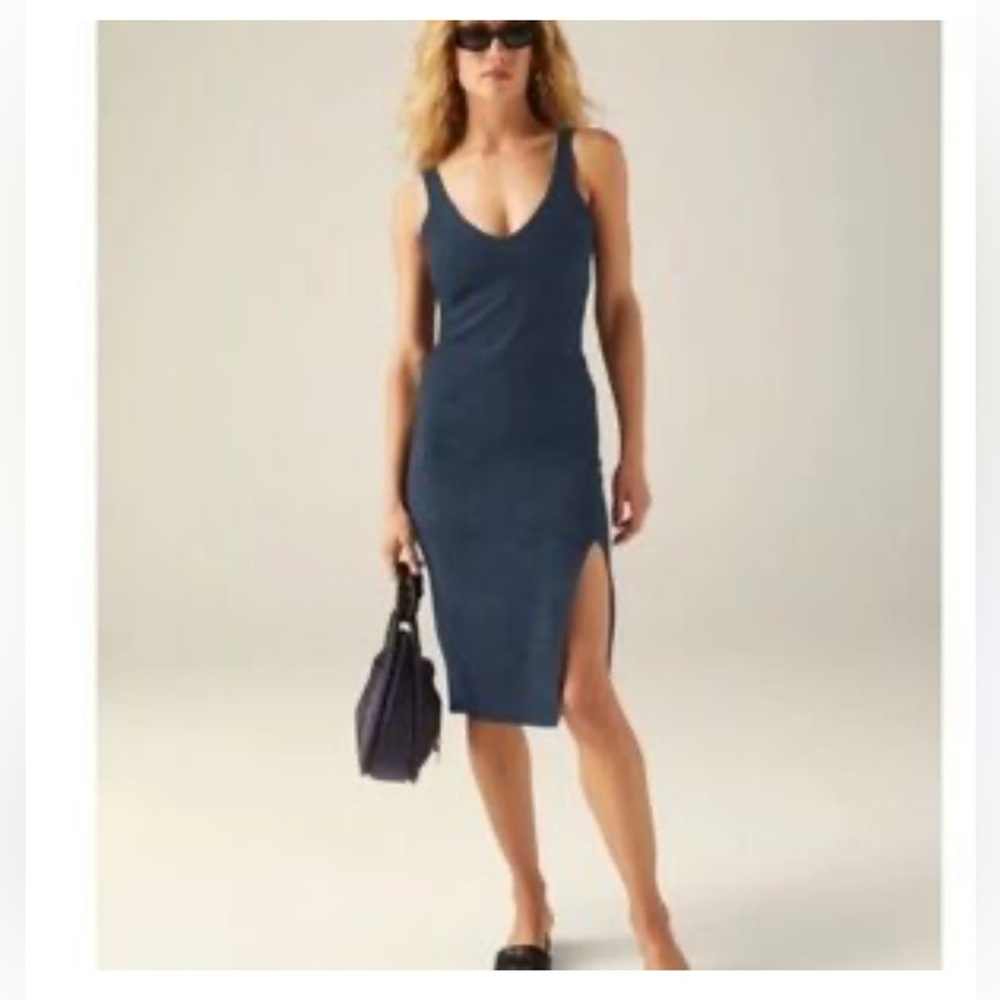 Beyond Yoga women’s spacedye Inspire V- neck navy blue stretch midi dress XS NWT